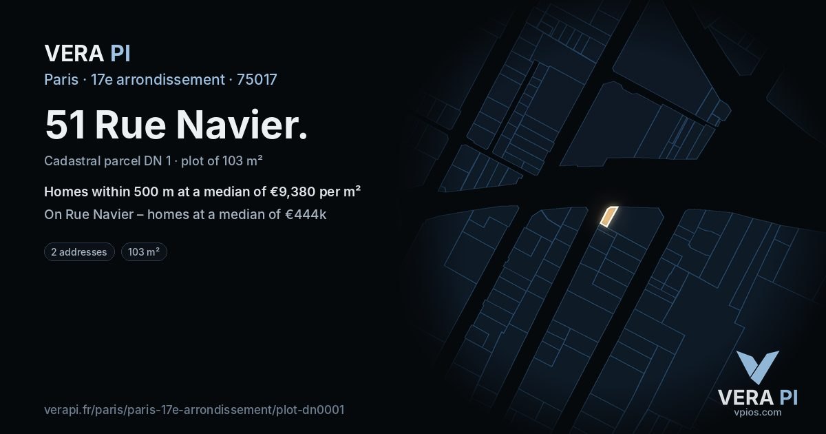 51 Rue Navier, 17e arrondissement at night – the plot lit, the parcels around coloured by the prices near them