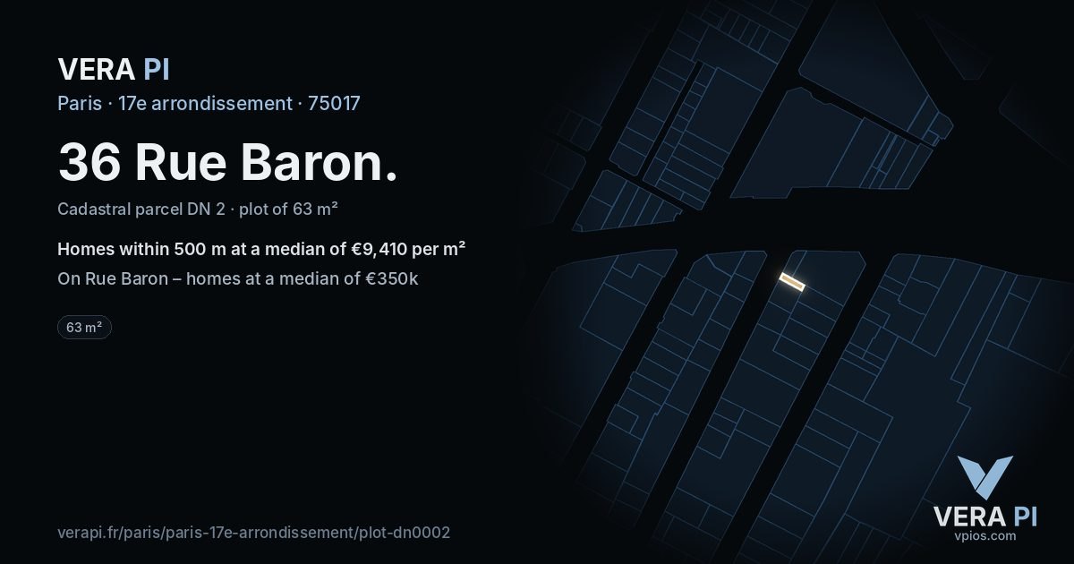 36 Rue Baron, 17e arrondissement at night – the plot lit, the parcels around coloured by the prices near them