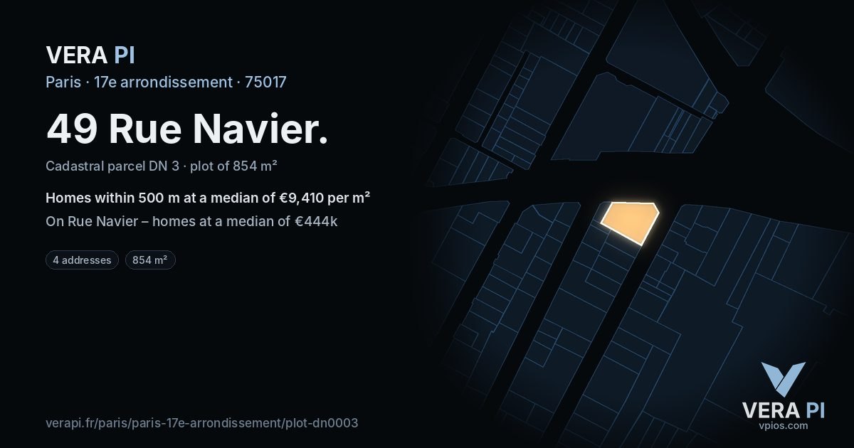 49 Rue Navier, 17e arrondissement at night – the plot lit, the parcels around coloured by the prices near them