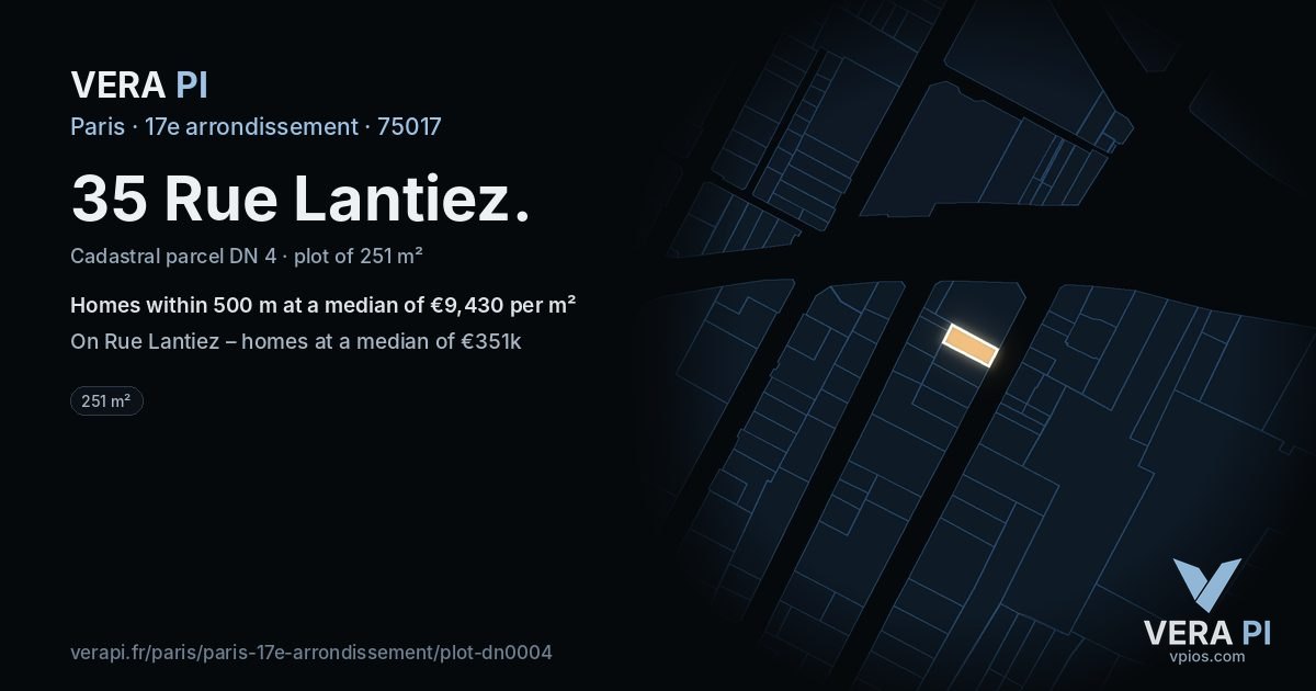35 Rue Lantiez, 17e arrondissement at night – the plot lit, the parcels around coloured by the prices near them