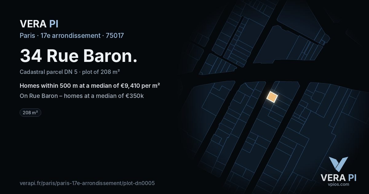 34 Rue Baron, 17e arrondissement at night – the plot lit, the parcels around coloured by the prices near them