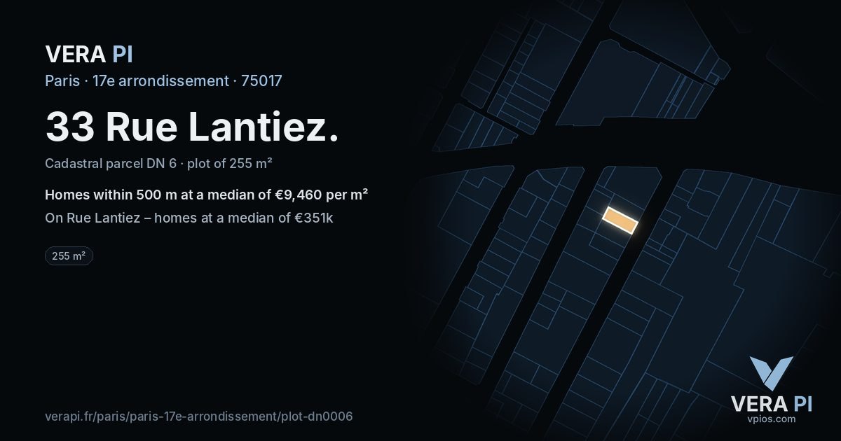 33 Rue Lantiez, 17e arrondissement at night – the plot lit, the parcels around coloured by the prices near them