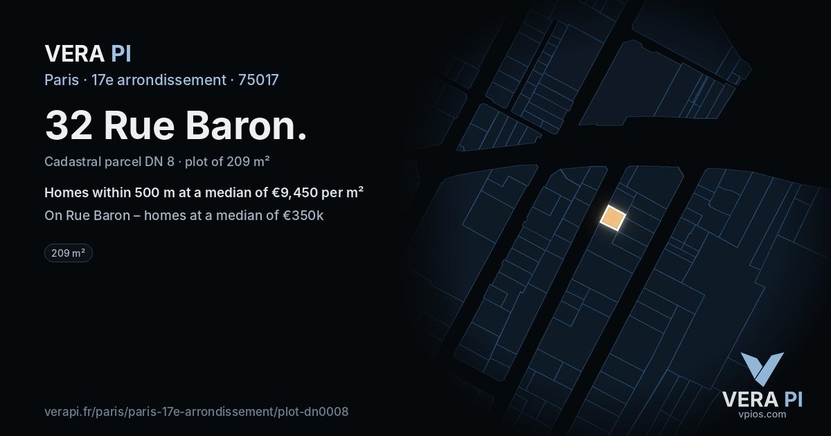 32 Rue Baron, 17e arrondissement at night – the plot lit, the parcels around coloured by the prices near them