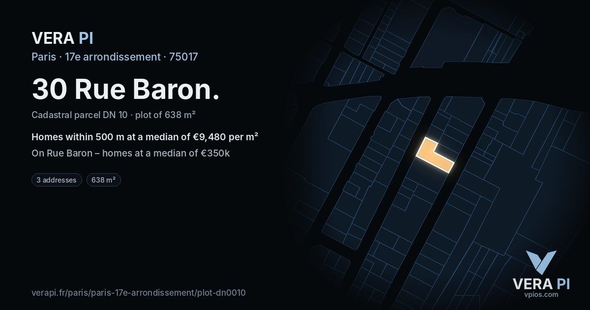 30 Rue Baron, 17e arrondissement at night – the plot lit, the parcels around coloured by the prices near them