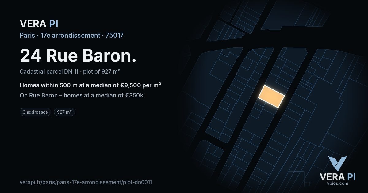 24 Rue Baron, 17e arrondissement at night – the plot lit, the parcels around coloured by the prices near them