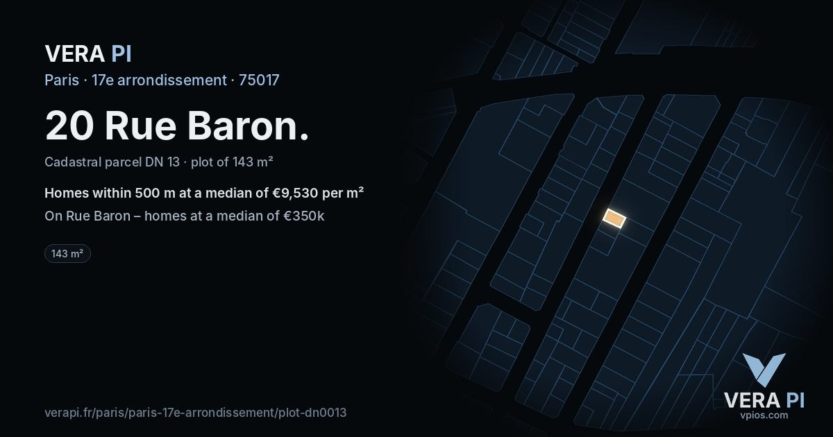 20 Rue Baron, 17e arrondissement at night – the plot lit, the parcels around coloured by the prices near them