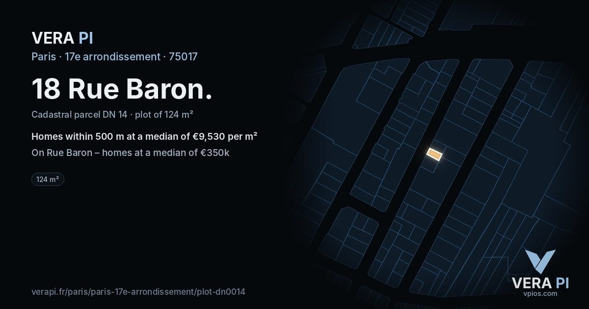 18 Rue Baron, 17e arrondissement at night – the plot lit, the parcels around coloured by the prices near them