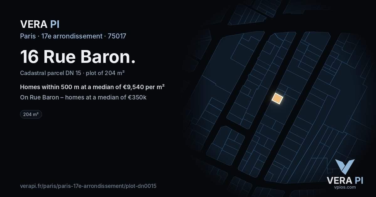 16 Rue Baron, 17e arrondissement at night – the plot lit, the parcels around coloured by the prices near them