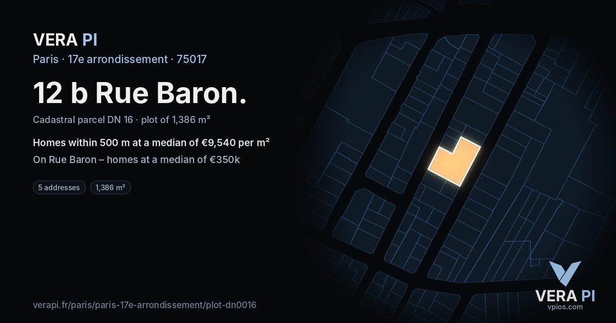 12 b Rue Baron, 17e arrondissement at night – the plot lit, the parcels around coloured by the prices near them