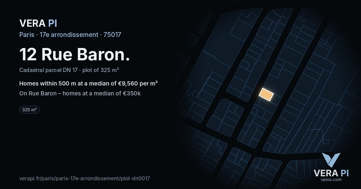 12 Rue Baron, 17e arrondissement at night – the plot lit, the parcels around coloured by the prices near them