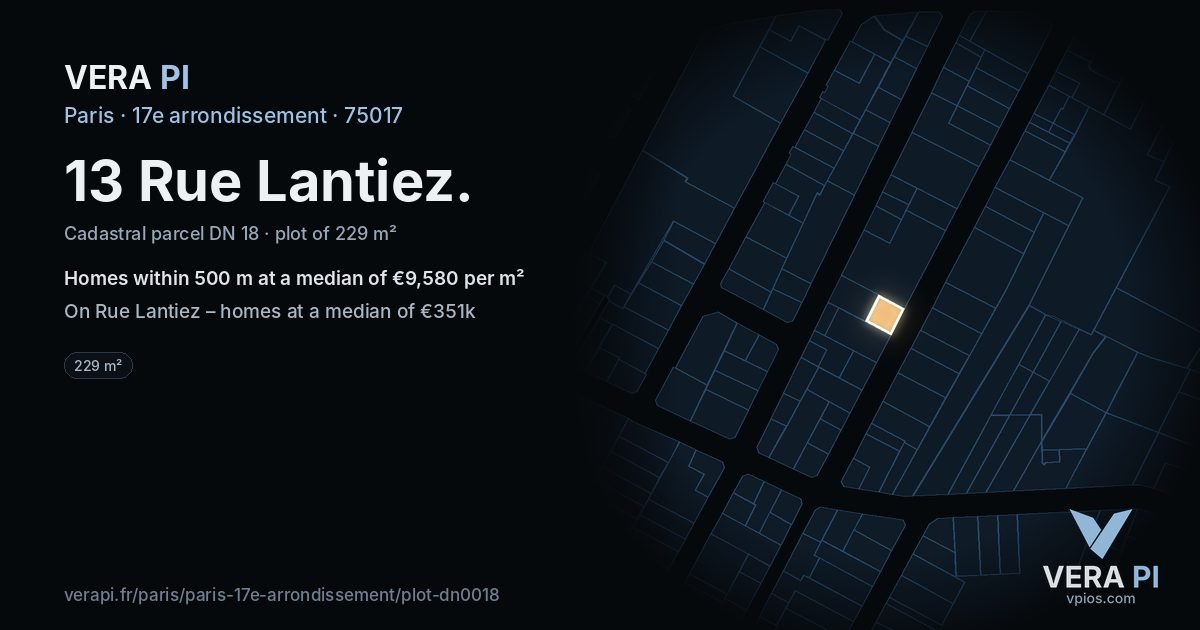 13 Rue Lantiez, 17e arrondissement at night – the plot lit, the parcels around coloured by the prices near them