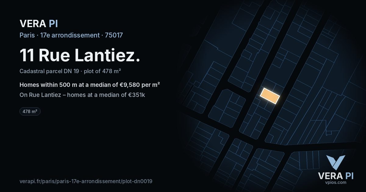 11 Rue Lantiez, 17e arrondissement at night – the plot lit, the parcels around coloured by the prices near them