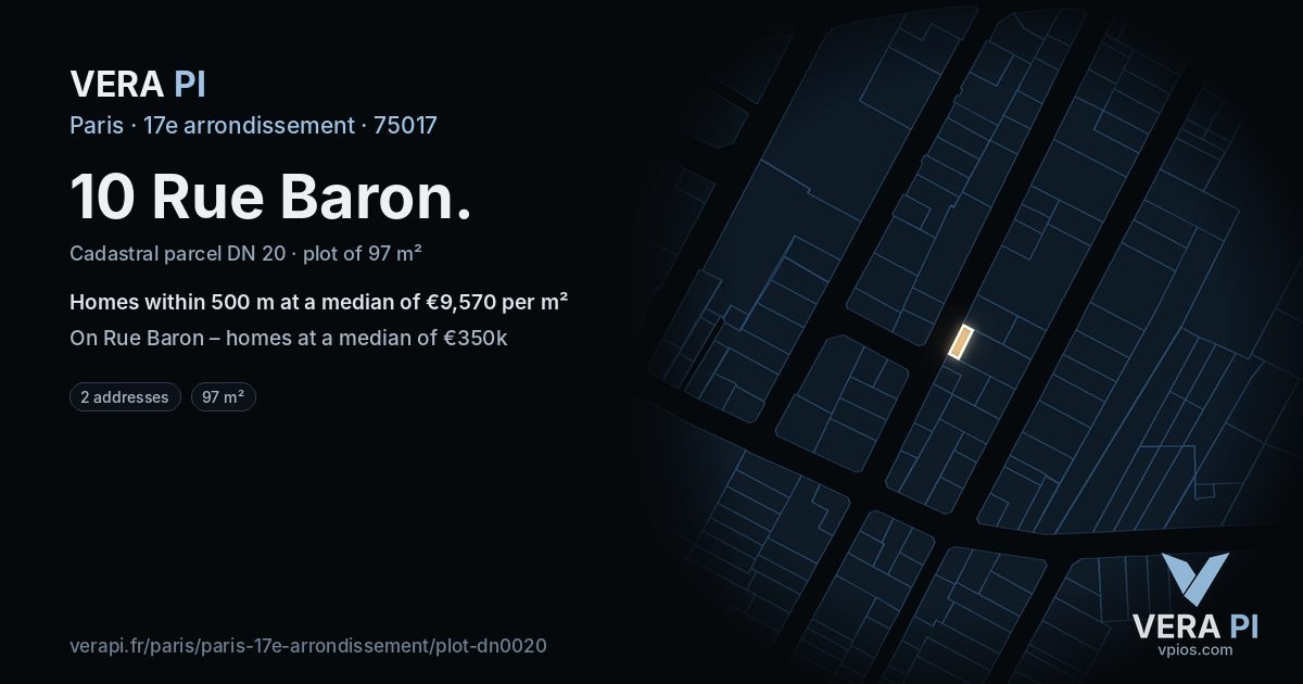10 Rue Baron, 17e arrondissement at night – the plot lit, the parcels around coloured by the prices near them