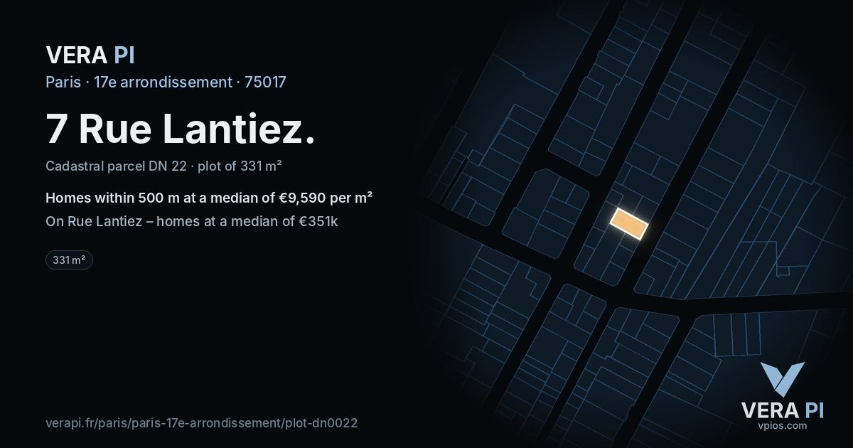 7 Rue Lantiez, 17e arrondissement at night – the plot lit, the parcels around coloured by the prices near them