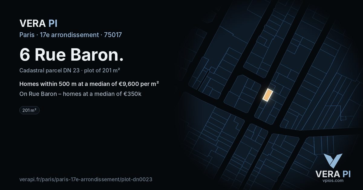 6 Rue Baron, 17e arrondissement at night – the plot lit, the parcels around coloured by the prices near them
