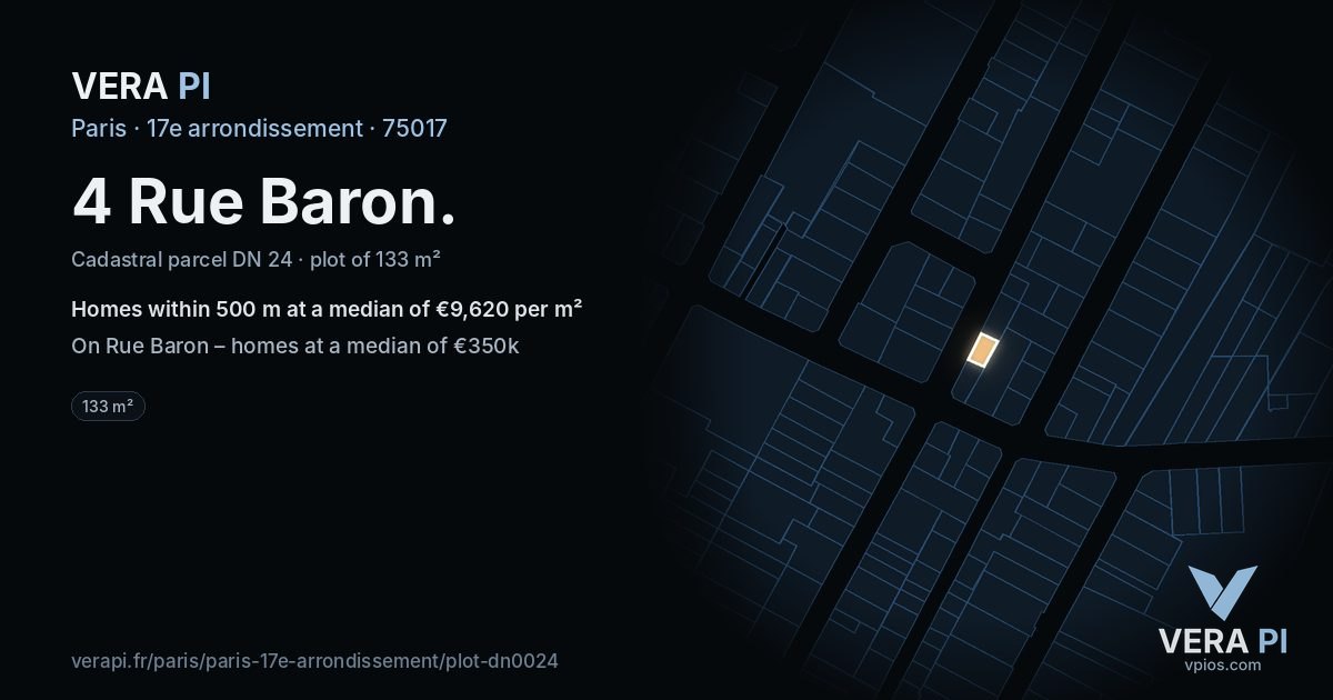 4 Rue Baron, 17e arrondissement at night – the plot lit, the parcels around coloured by the prices near them