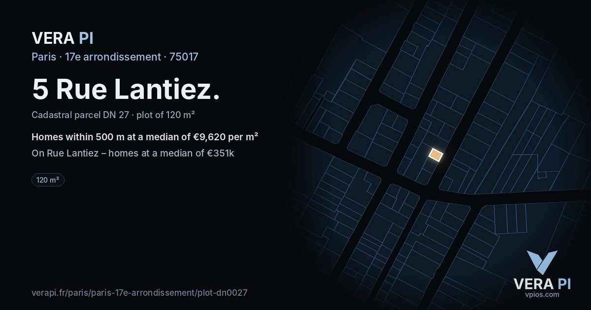 5 Rue Lantiez, 17e arrondissement at night – the plot lit, the parcels around coloured by the prices near them