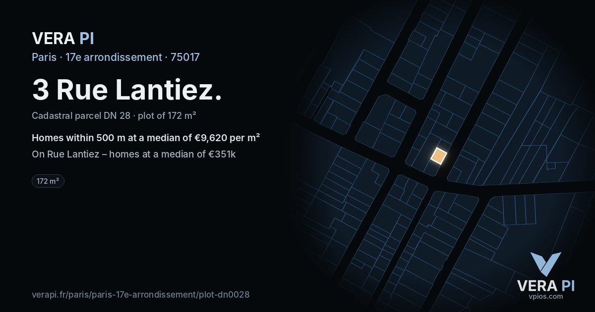 3 Rue Lantiez, 17e arrondissement at night – the plot lit, the parcels around coloured by the prices near them