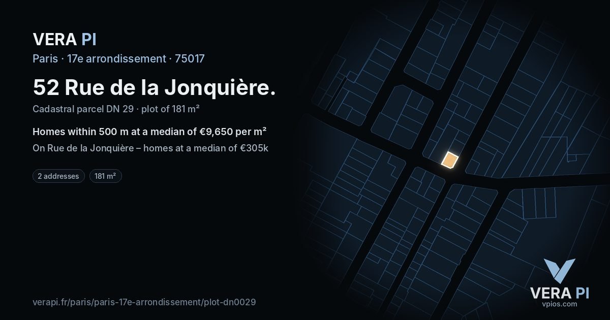 52 Rue de la Jonquière, 17e arrondissement at night – the plot lit, the parcels around coloured by the prices near them