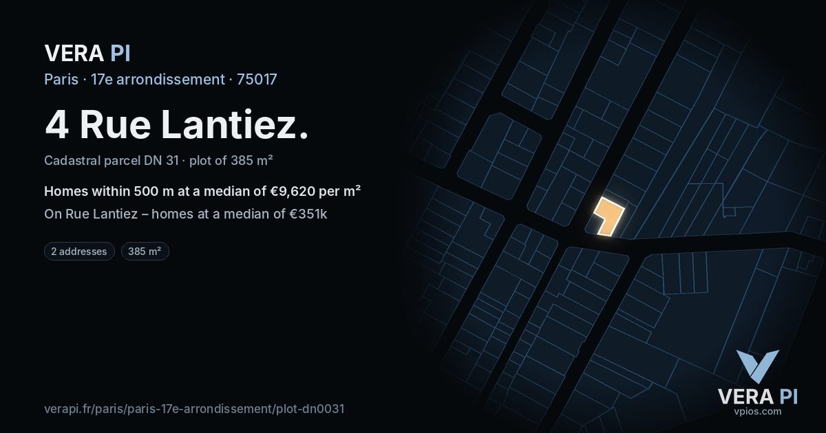 4 Rue Lantiez, 17e arrondissement at night – the plot lit, the parcels around coloured by the prices near them