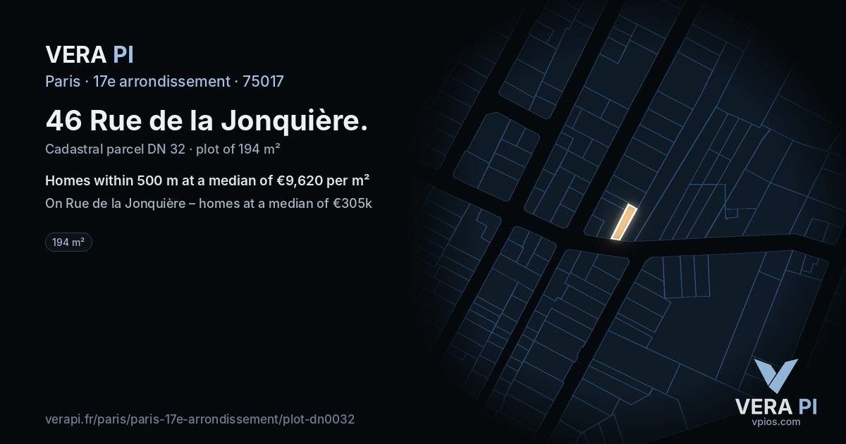 46 Rue de la Jonquière, 17e arrondissement at night – the plot lit, the parcels around coloured by the prices near them
