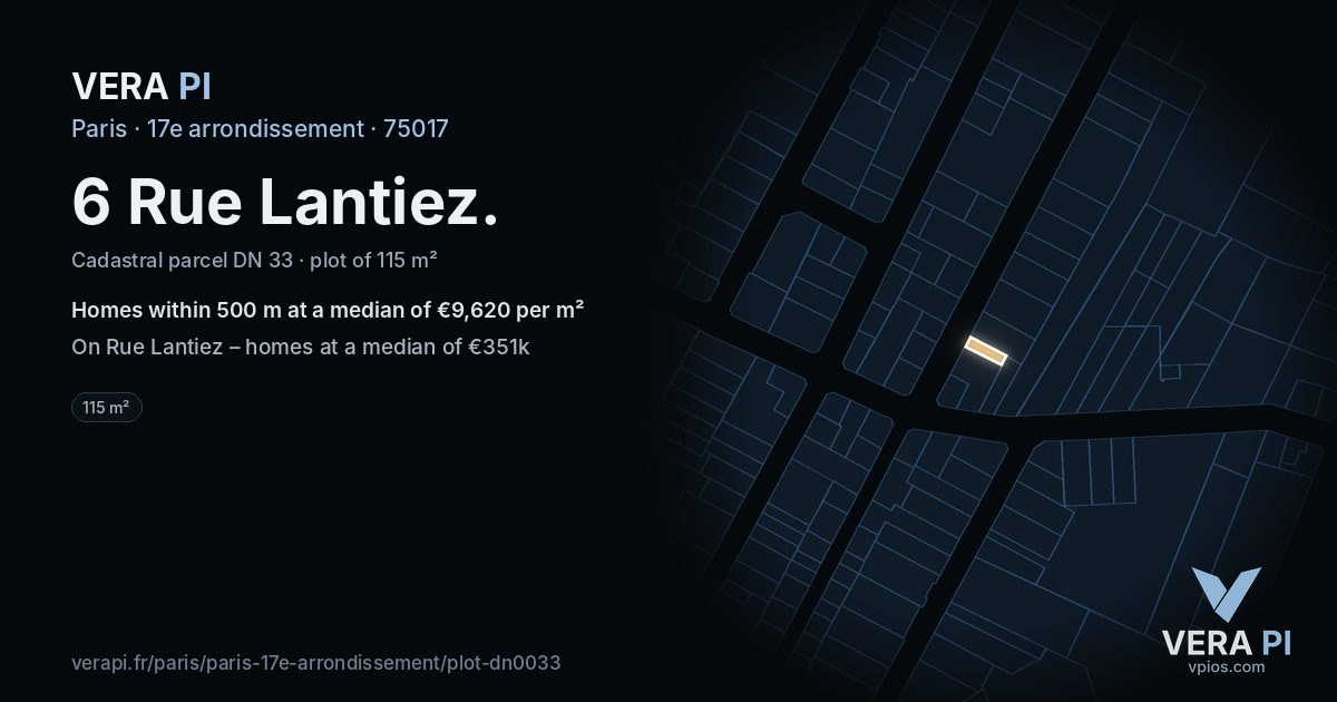 6 Rue Lantiez, 17e arrondissement at night – the plot lit, the parcels around coloured by the prices near them