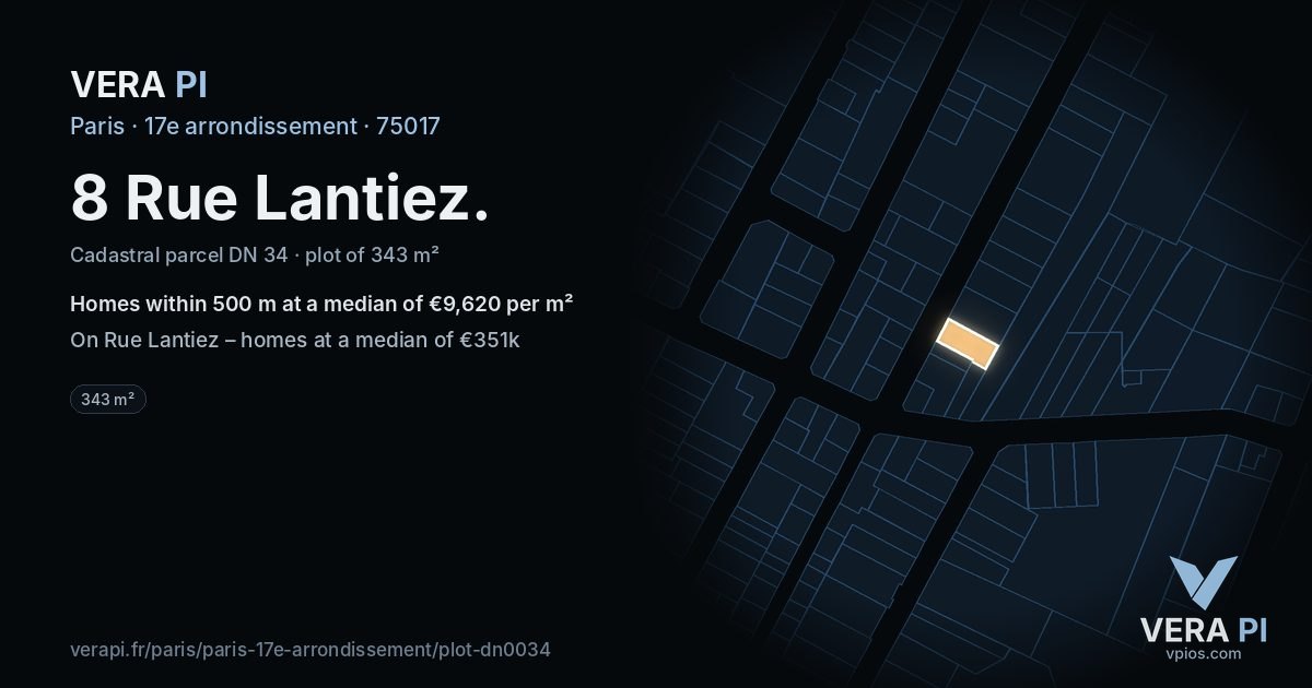 8 Rue Lantiez, 17e arrondissement at night – the plot lit, the parcels around coloured by the prices near them