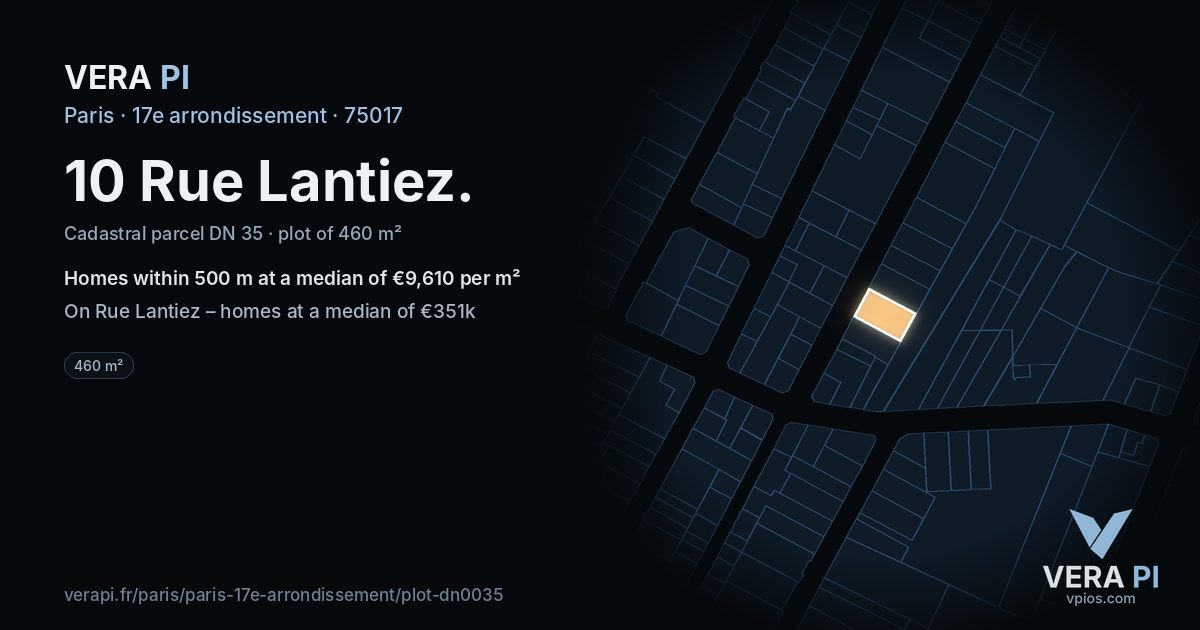 10 Rue Lantiez, 17e arrondissement at night – the plot lit, the parcels around coloured by the prices near them