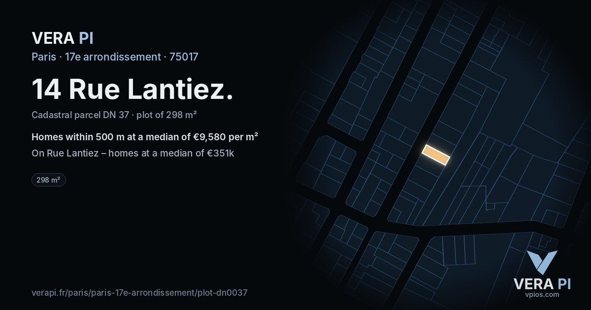 14 Rue Lantiez, 17e arrondissement at night – the plot lit, the parcels around coloured by the prices near them