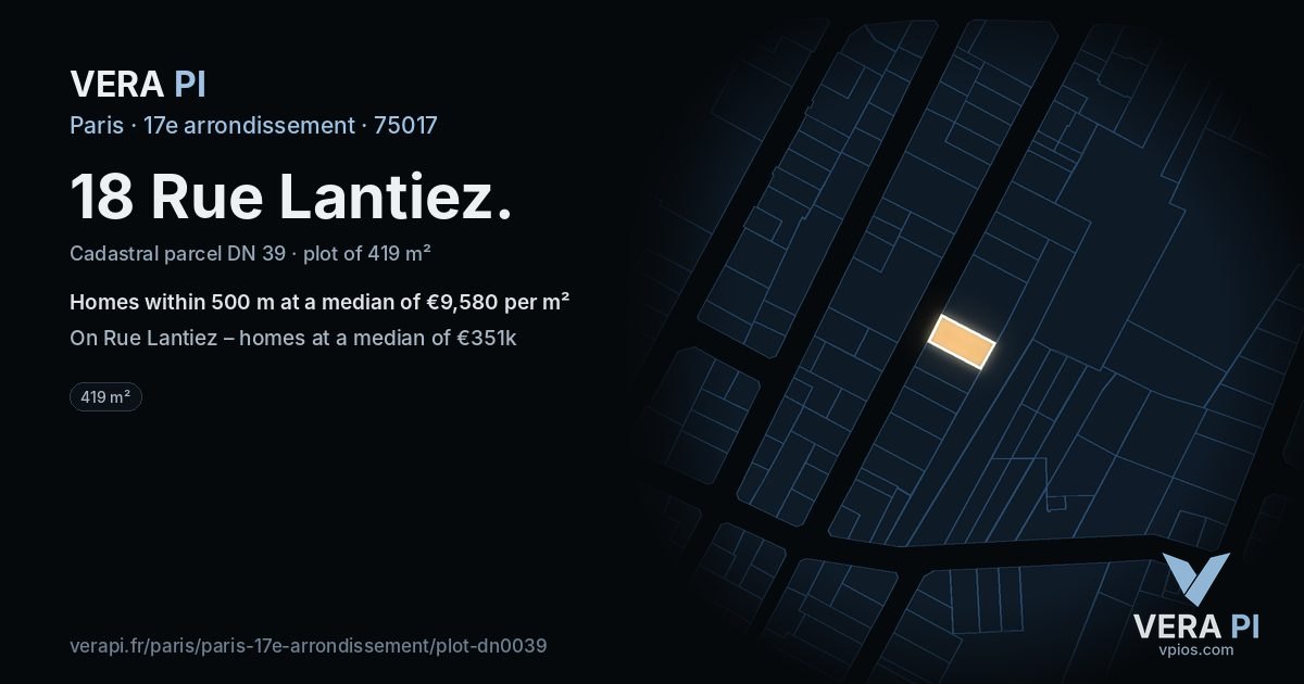 18 Rue Lantiez, 17e arrondissement at night – the plot lit, the parcels around coloured by the prices near them