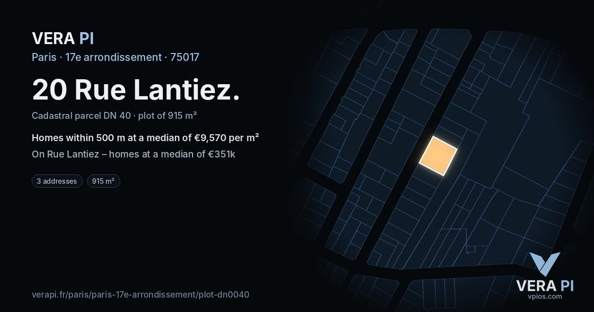 20 Rue Lantiez, 17e arrondissement at night – the plot lit, the parcels around coloured by the prices near them