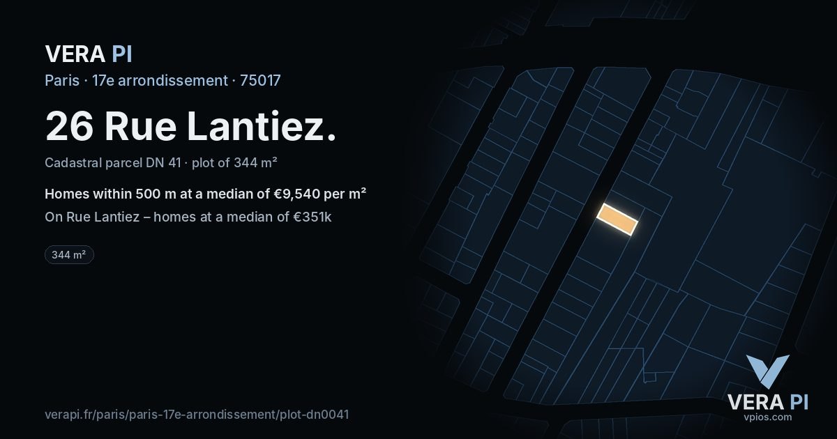 26 Rue Lantiez, 17e arrondissement at night – the plot lit, the parcels around coloured by the prices near them