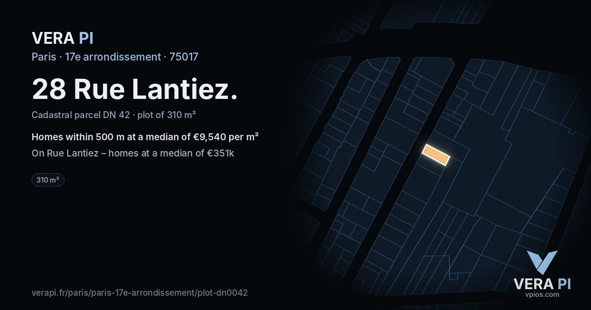 28 Rue Lantiez, 17e arrondissement at night – the plot lit, the parcels around coloured by the prices near them
