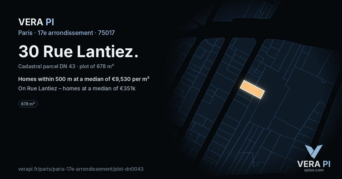 30 Rue Lantiez, 17e arrondissement at night – the plot lit, the parcels around coloured by the prices near them