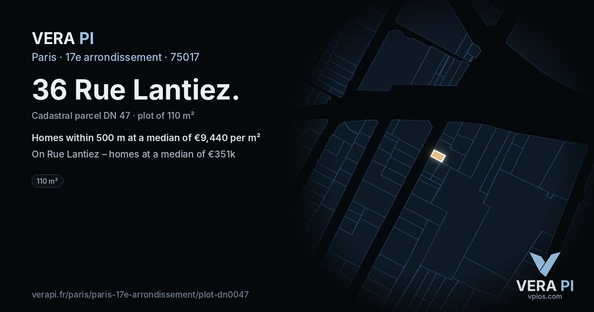 36 Rue Lantiez, 17e arrondissement at night – the plot lit, the parcels around coloured by the prices near them