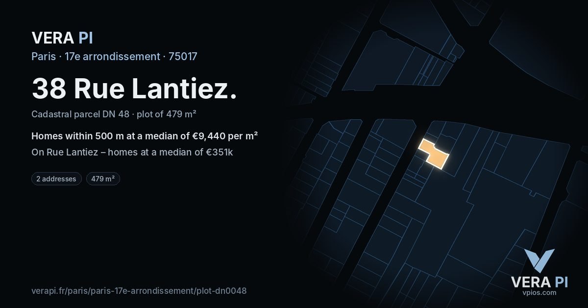 38 Rue Lantiez, 17e arrondissement at night – the plot lit, the parcels around coloured by the prices near them
