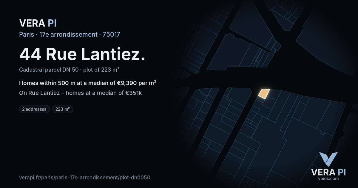 44 Rue Lantiez, 17e arrondissement at night – the plot lit, the parcels around coloured by the prices near them