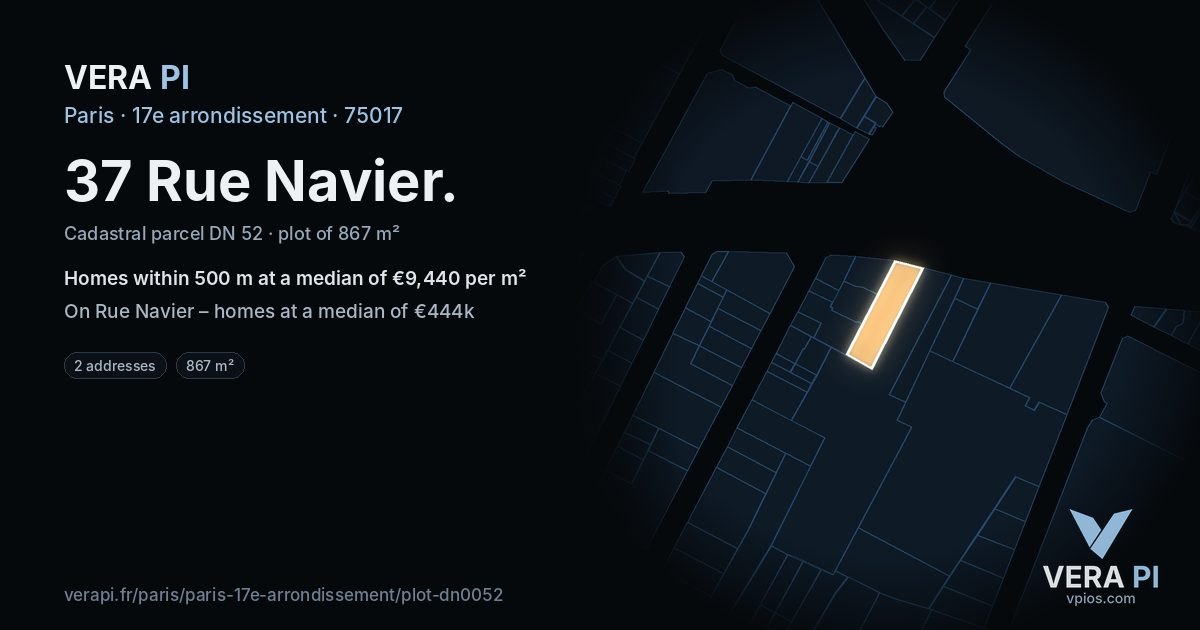 37 Rue Navier, 17e arrondissement at night – the plot lit, the parcels around coloured by the prices near them