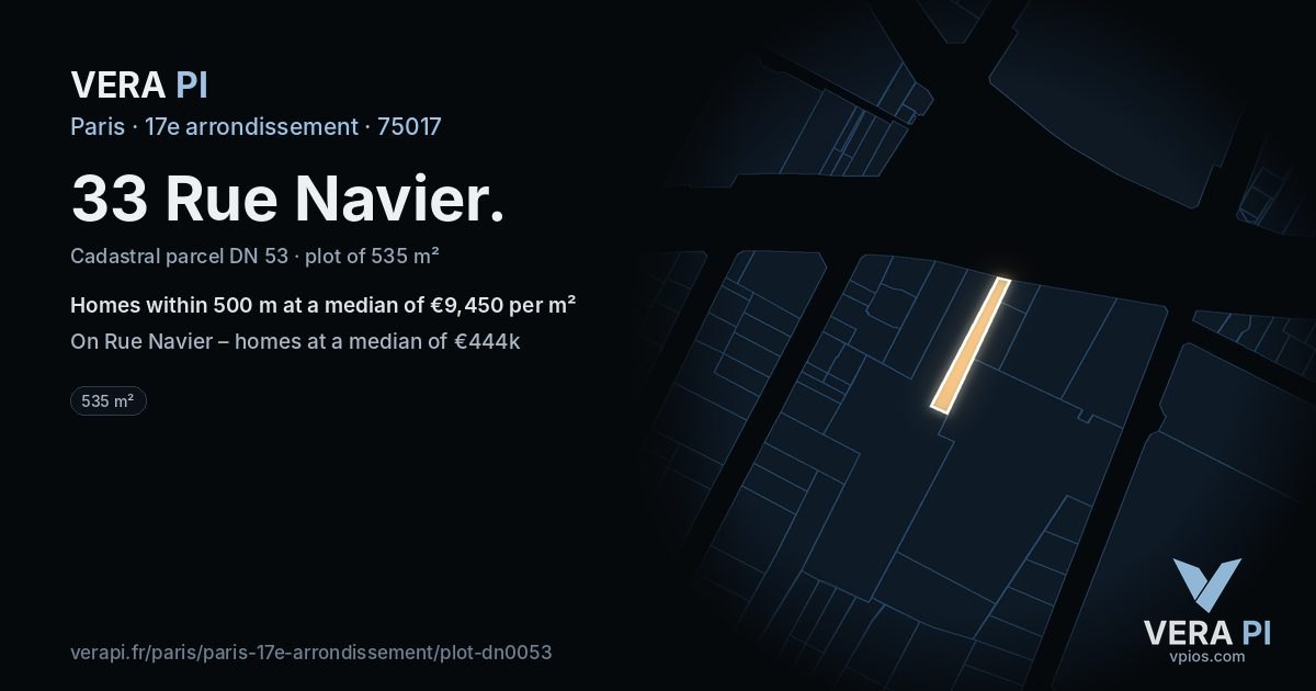 33 Rue Navier, 17e arrondissement at night – the plot lit, the parcels around coloured by the prices near them