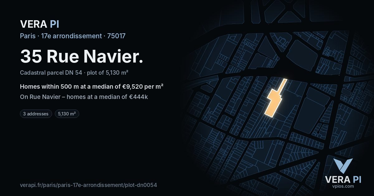 35 Rue Navier, 17e arrondissement at night – the plot lit, the parcels around coloured by the prices near them