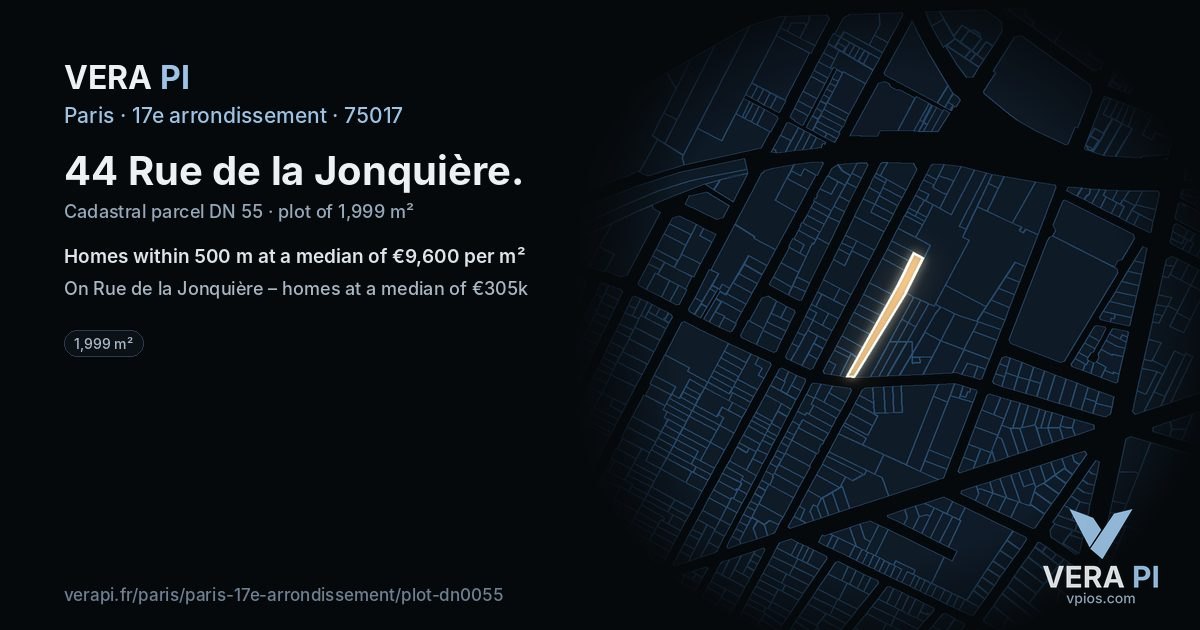 44 Rue de la Jonquière, 17e arrondissement at night – the plot lit, the parcels around coloured by the prices near them