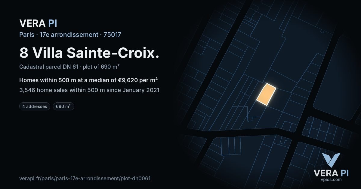 8 Villa Sainte-Croix, 17e arrondissement at night – the plot lit, the parcels around coloured by the prices near them