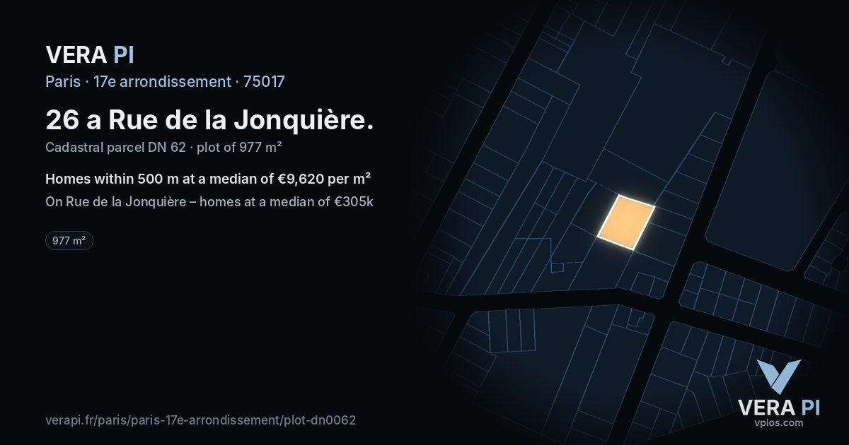 26 a Rue de la Jonquière, 17e arrondissement at night – the plot lit, the parcels around coloured by the prices near them