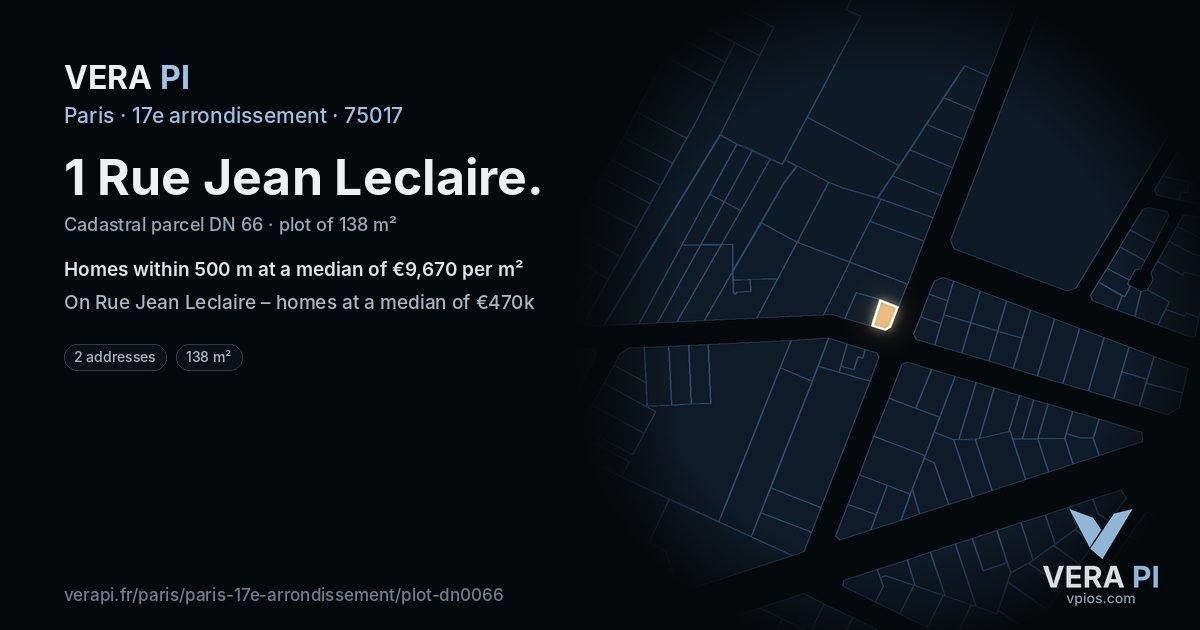 1 Rue Jean Leclaire, 17e arrondissement at night – the plot lit, the parcels around coloured by the prices near them