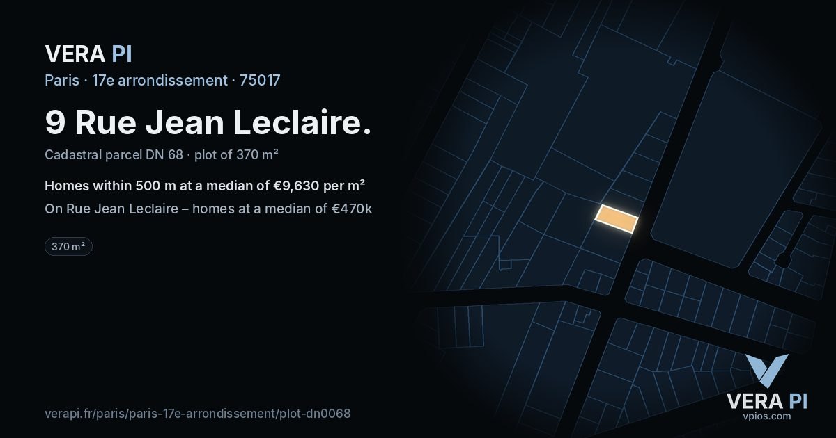 9 Rue Jean Leclaire, 17e arrondissement at night – the plot lit, the parcels around coloured by the prices near them