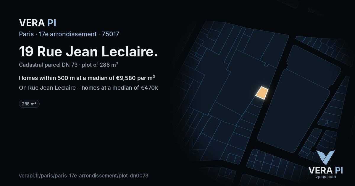 19 Rue Jean Leclaire, 17e arrondissement at night – the plot lit, the parcels around coloured by the prices near them