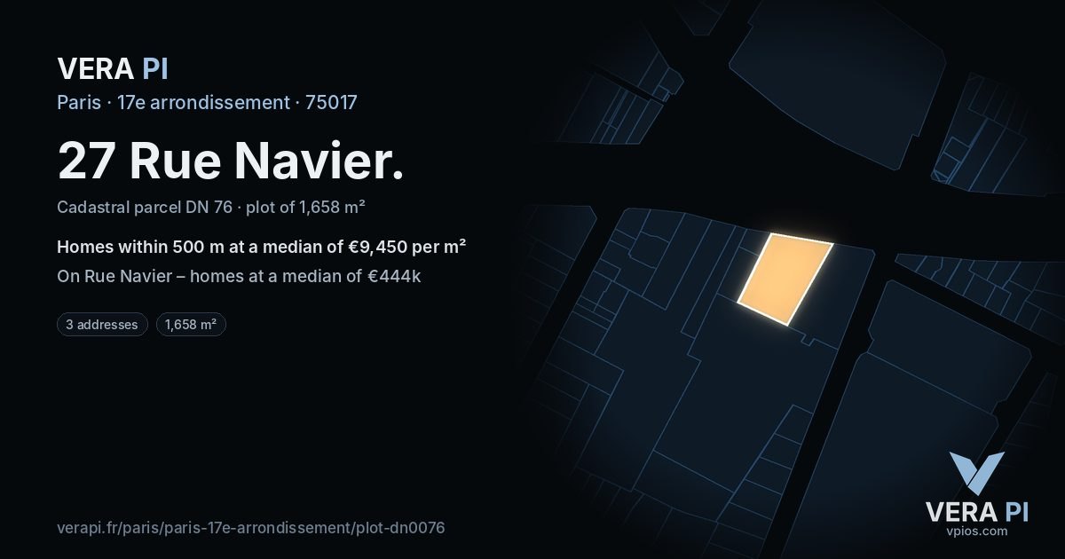27 Rue Navier, 17e arrondissement at night – the plot lit, the parcels around coloured by the prices near them