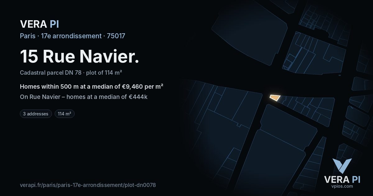 15 Rue Navier, 17e arrondissement at night – the plot lit, the parcels around coloured by the prices near them