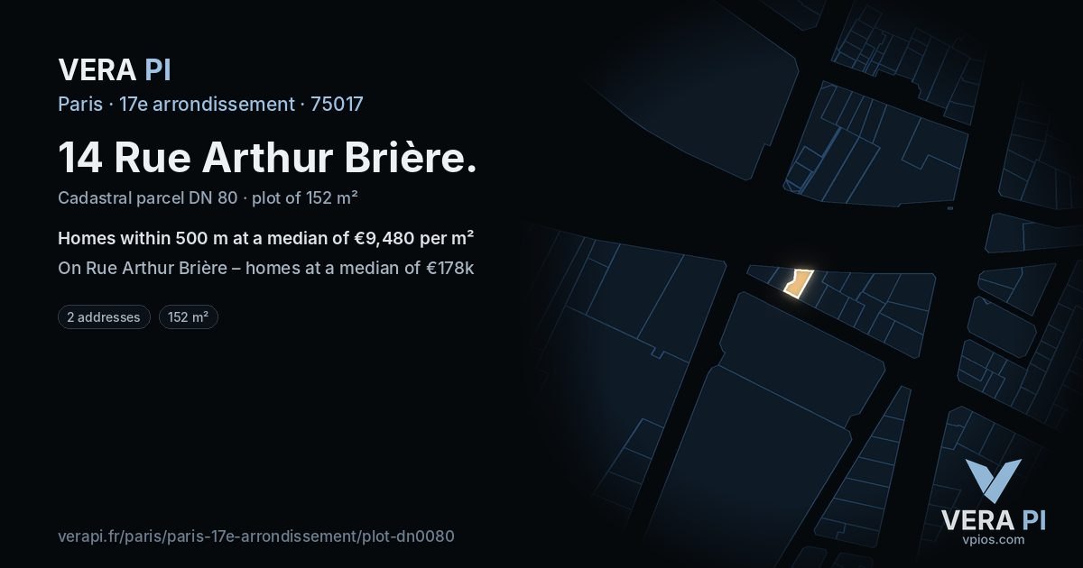 14 Rue Arthur Brière, 17e arrondissement at night – the plot lit, the parcels around coloured by the prices near them