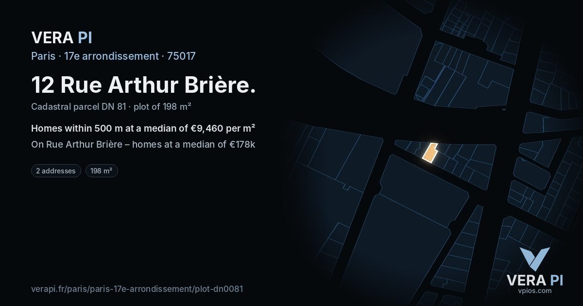 12 Rue Arthur Brière, 17e arrondissement at night – the plot lit, the parcels around coloured by the prices near them